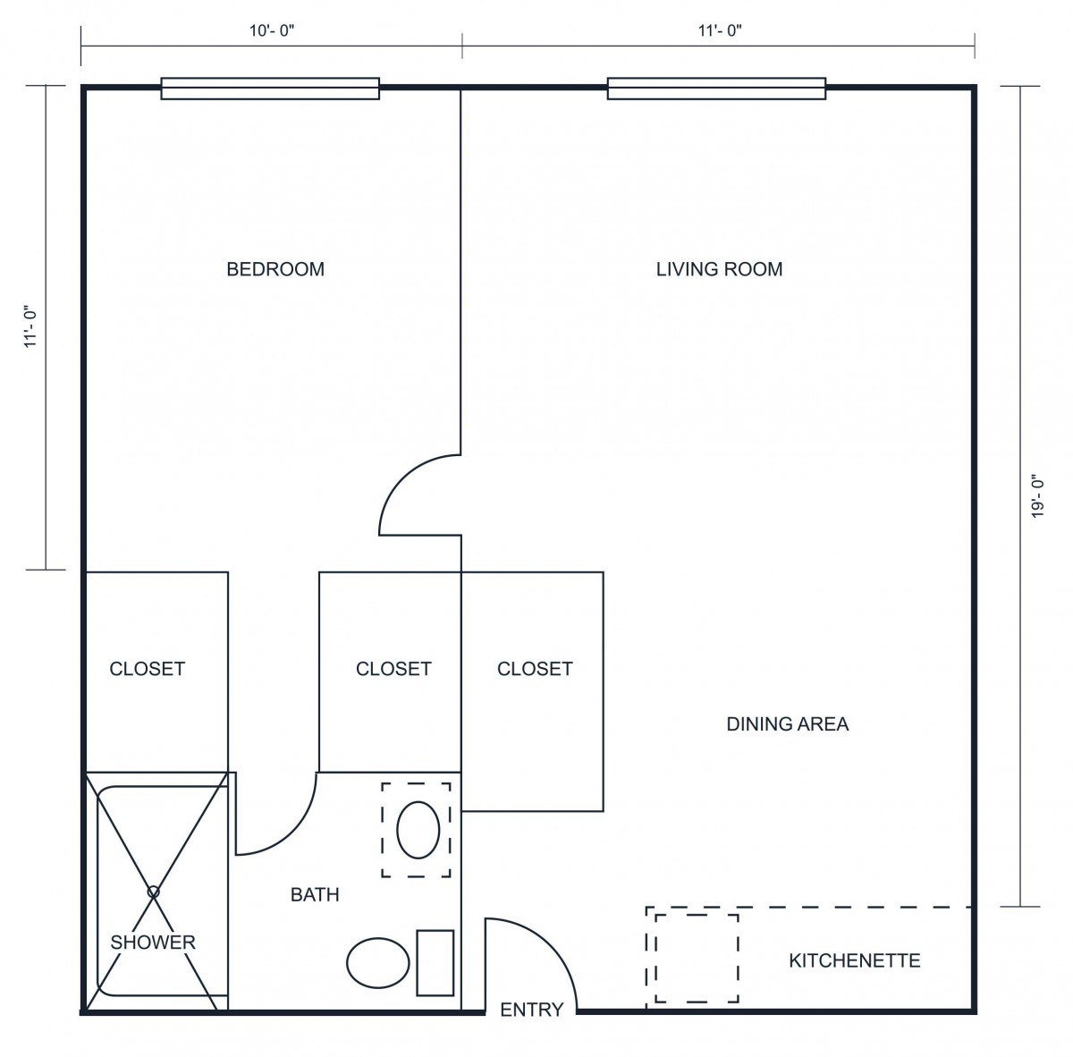 A floor plan of a one-bedroom apartment with marked dimensions and labeled areas.