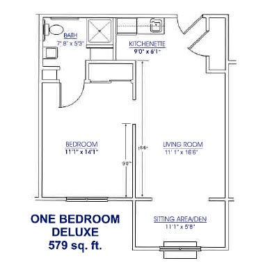 Floor plan of a one-bedroom deluxe apartment with 579 sq. ft.
