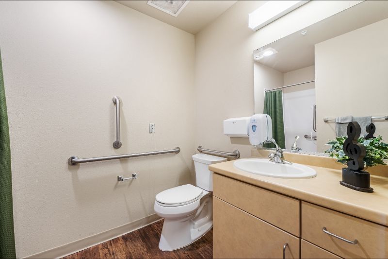 An accessible bathroom with a toilet, grab bars, sink, and mirror.