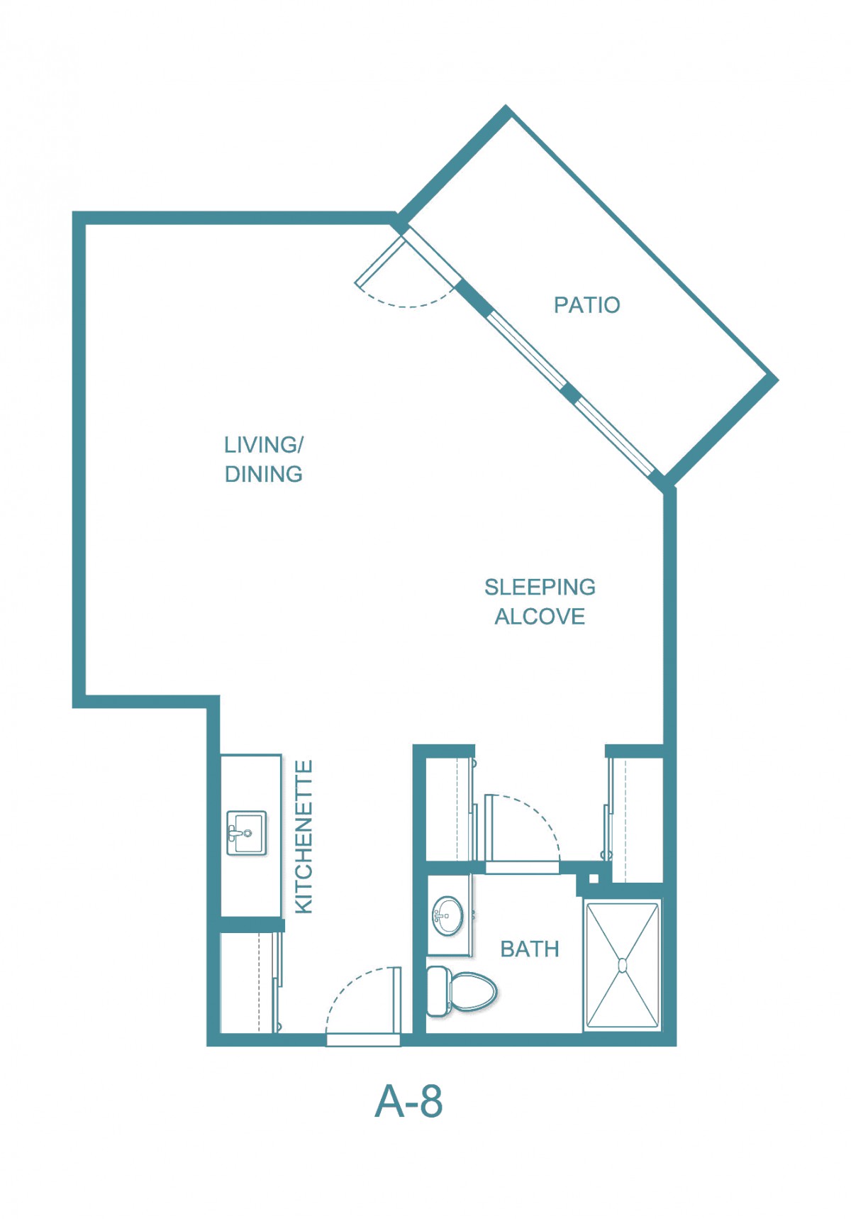 Studio apartment floor plan with living/dining area, sleeping alcove, and balcony.