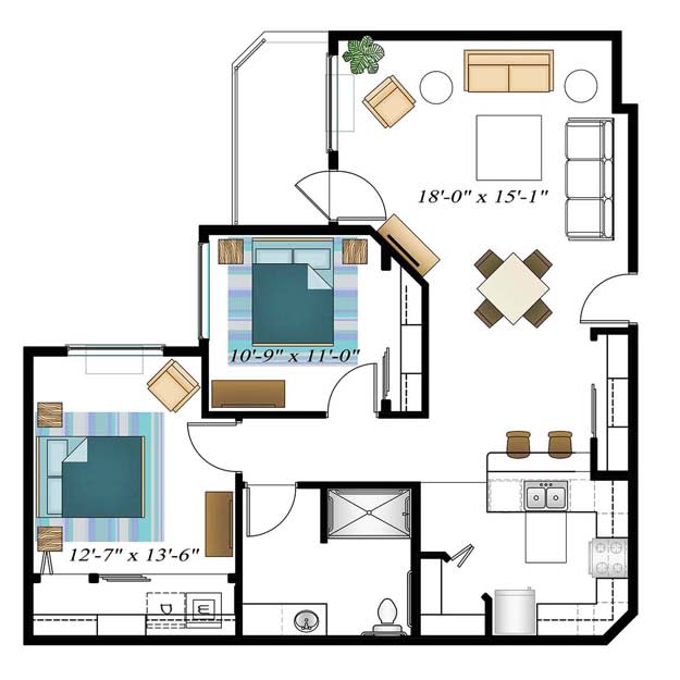 A floor plan of a two-bedroom apartment with a living room, kitchen, and bathroom.