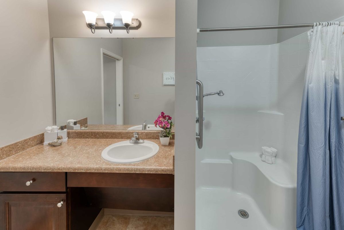 A modern bathroom interior with a sink and countertop, mirror, and shower.