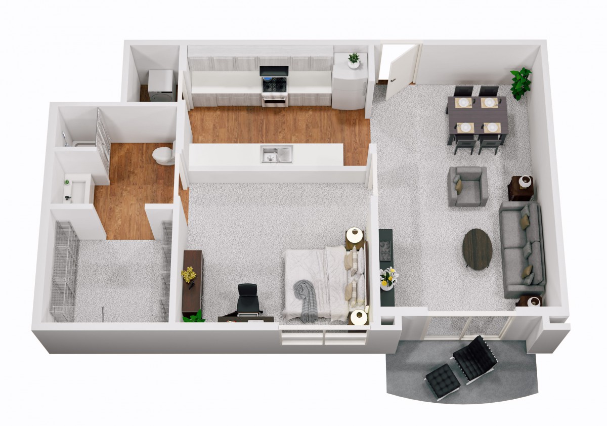 3D rendering of a modern apartment floor plan featuring a living room, kitchen, dining area, bedroom, and balcony.