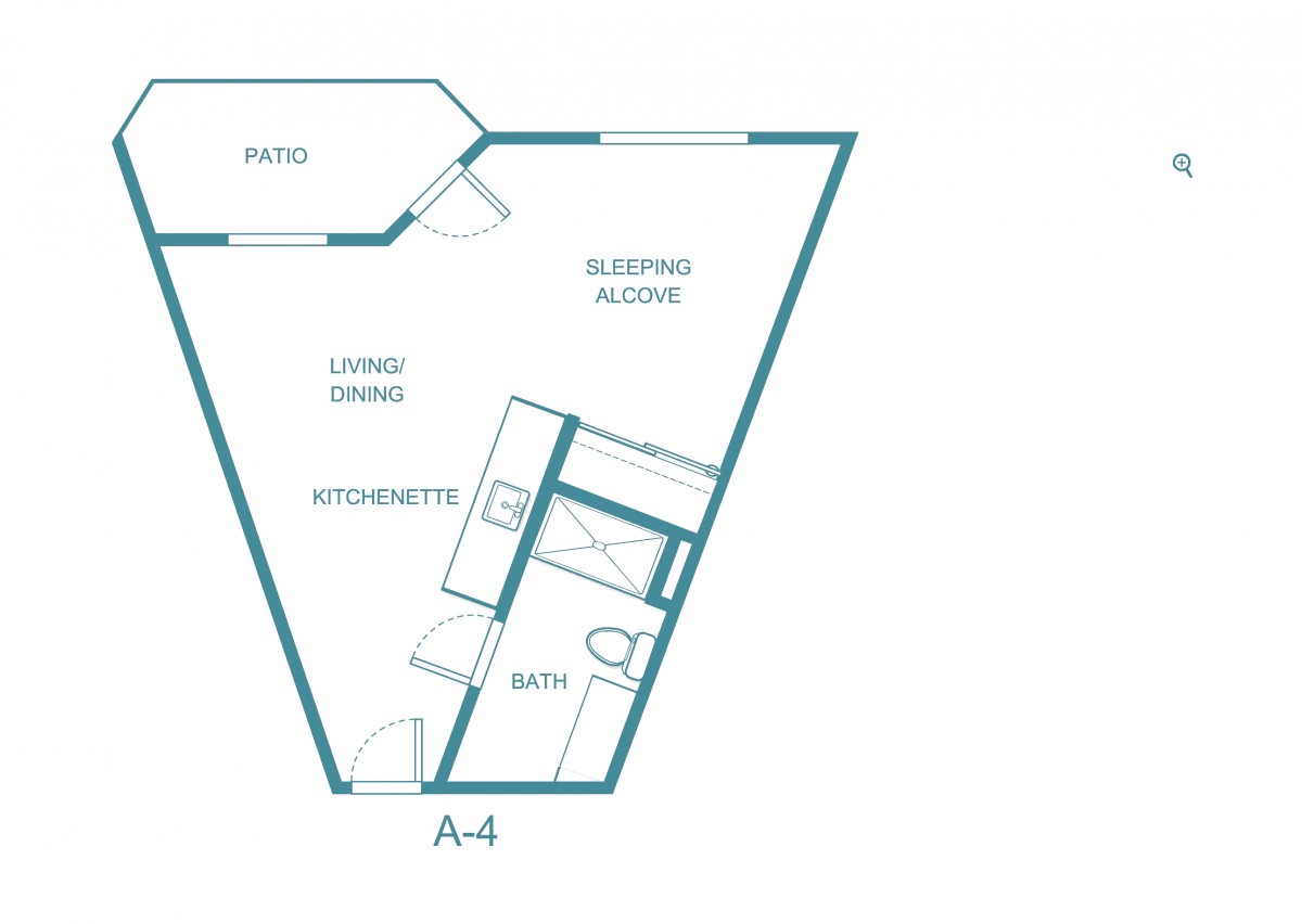 An architectural floor plan illustrating an apartment layout, featuring a sleeping alcove, bath, kitchenette, and living area.
