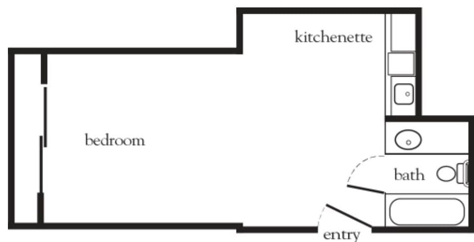 A simple floor plan showing a room with an entryway and kitchenette area.