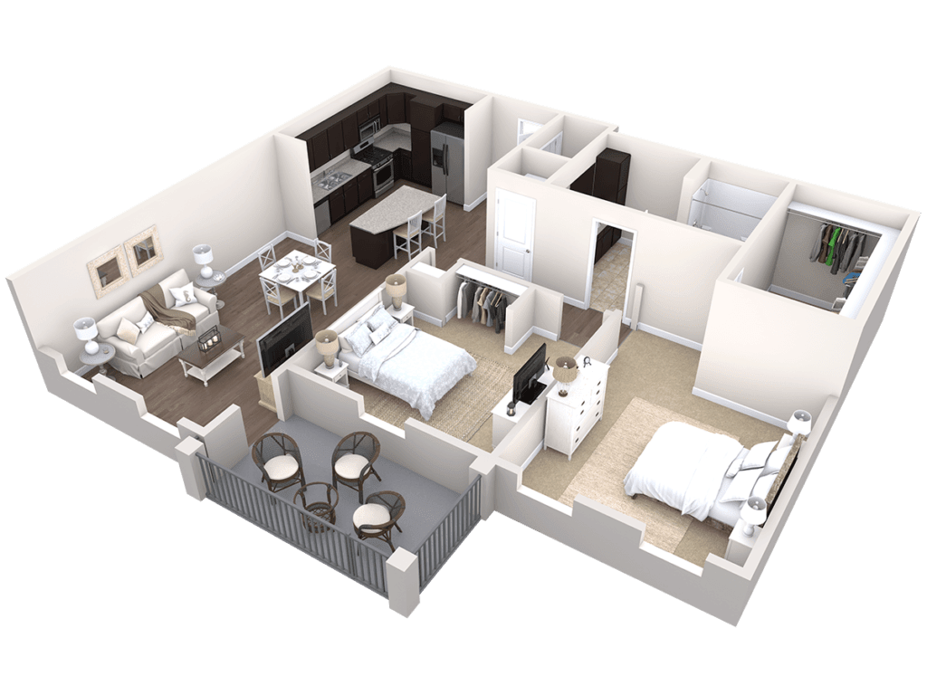 A 3D floor plan of a modern apartment, displaying an open-concept living area with two bedrooms.