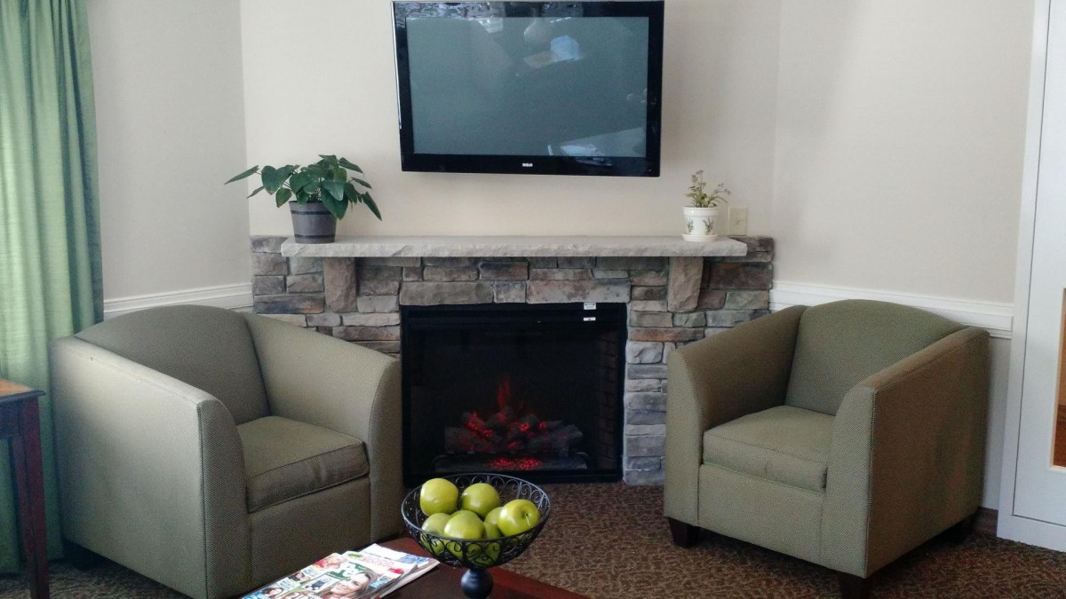 A modern living room with a wall-mounted TV above a fireplace, flanked by two green chairs and a bowl of green apples on the table.