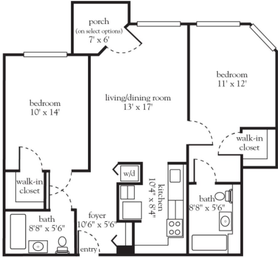 A detailed floor plan of a two-bedroom apartment, featuring a living room, kitchen, two bathrooms, and a patio.