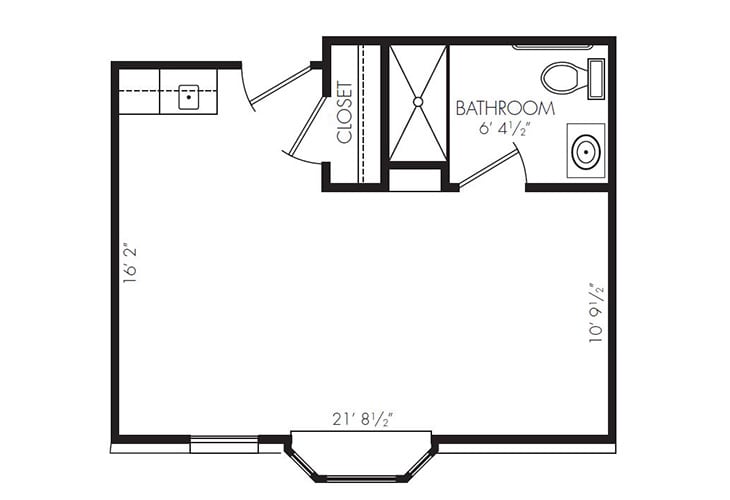 A detailed floor plan of a room including measurements and features such as a bathroom and closet.