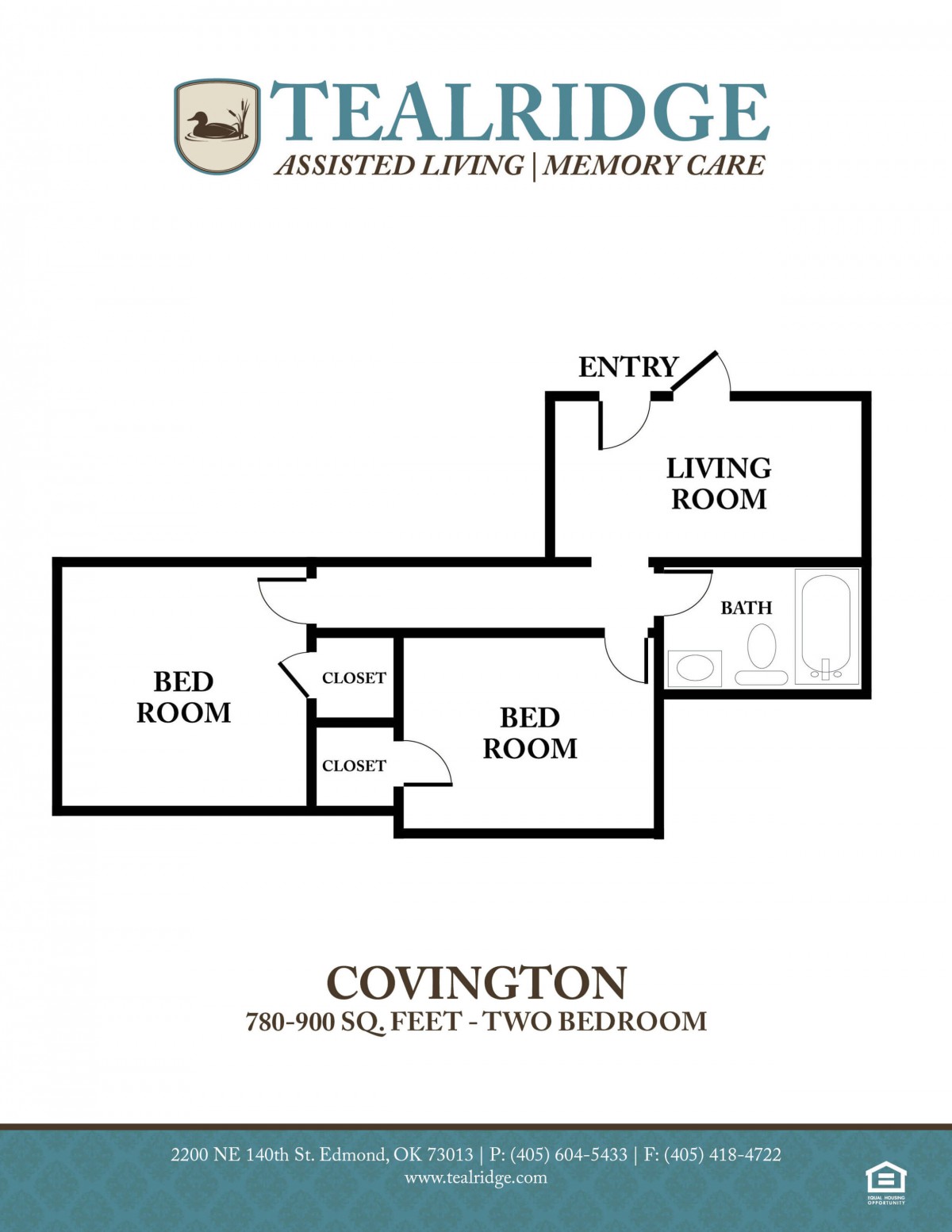 Floor plan for a two-bedroom assisted living and memory care unit named 'Covington'.