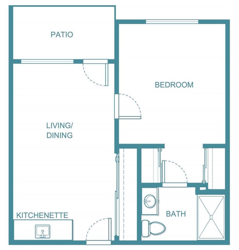 A floor plan of a one-bedroom apartment featuring a kitchenette, living/dining area, bathroom, and patio.