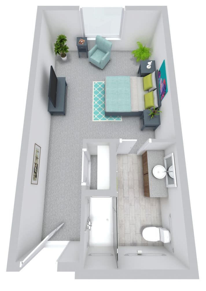 A 3D floor plan of a modern studio apartment featuring a combined bedroom and living area, along with a separate bathroom.