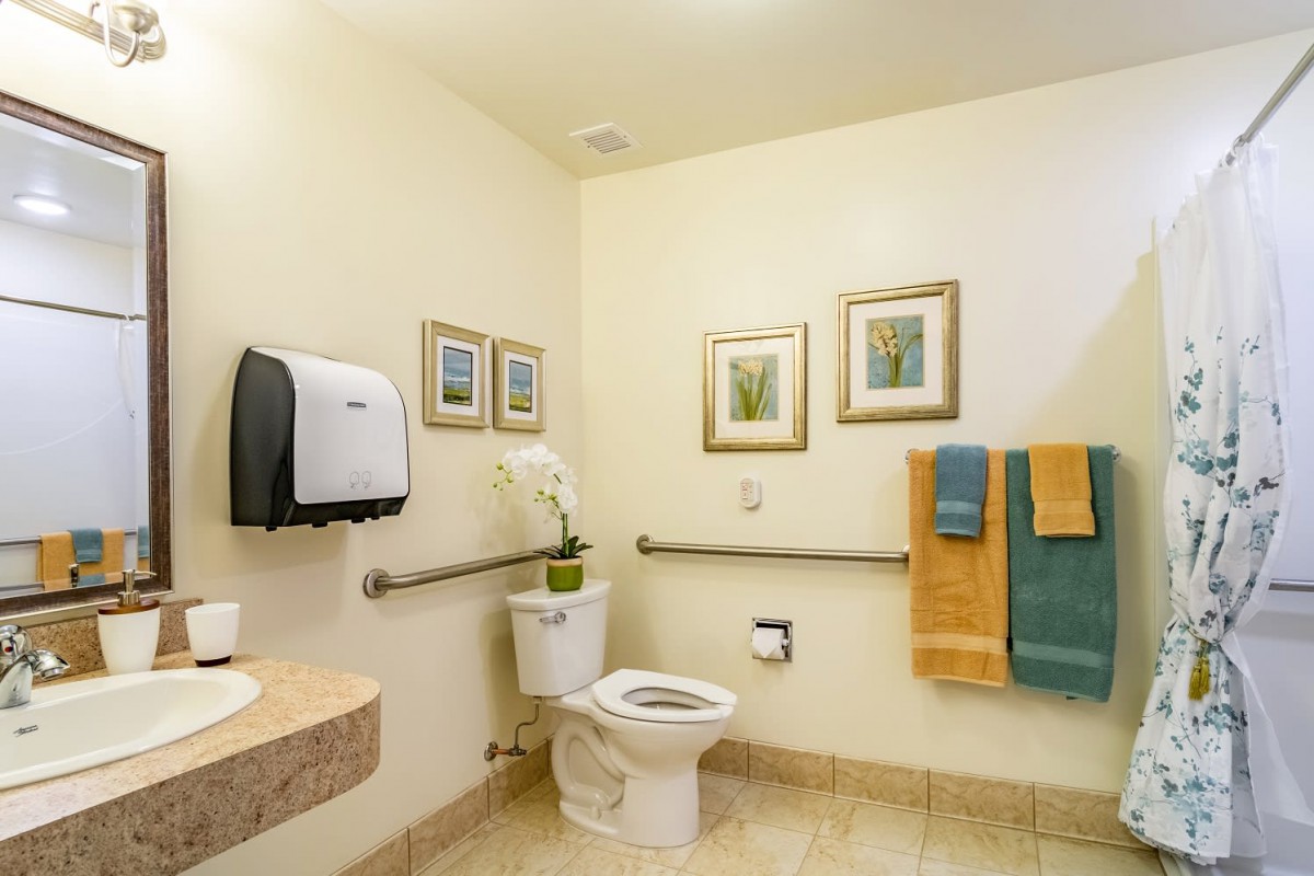 A clean and accessible bathroom with grab bars, towels, and framed art on the walls.