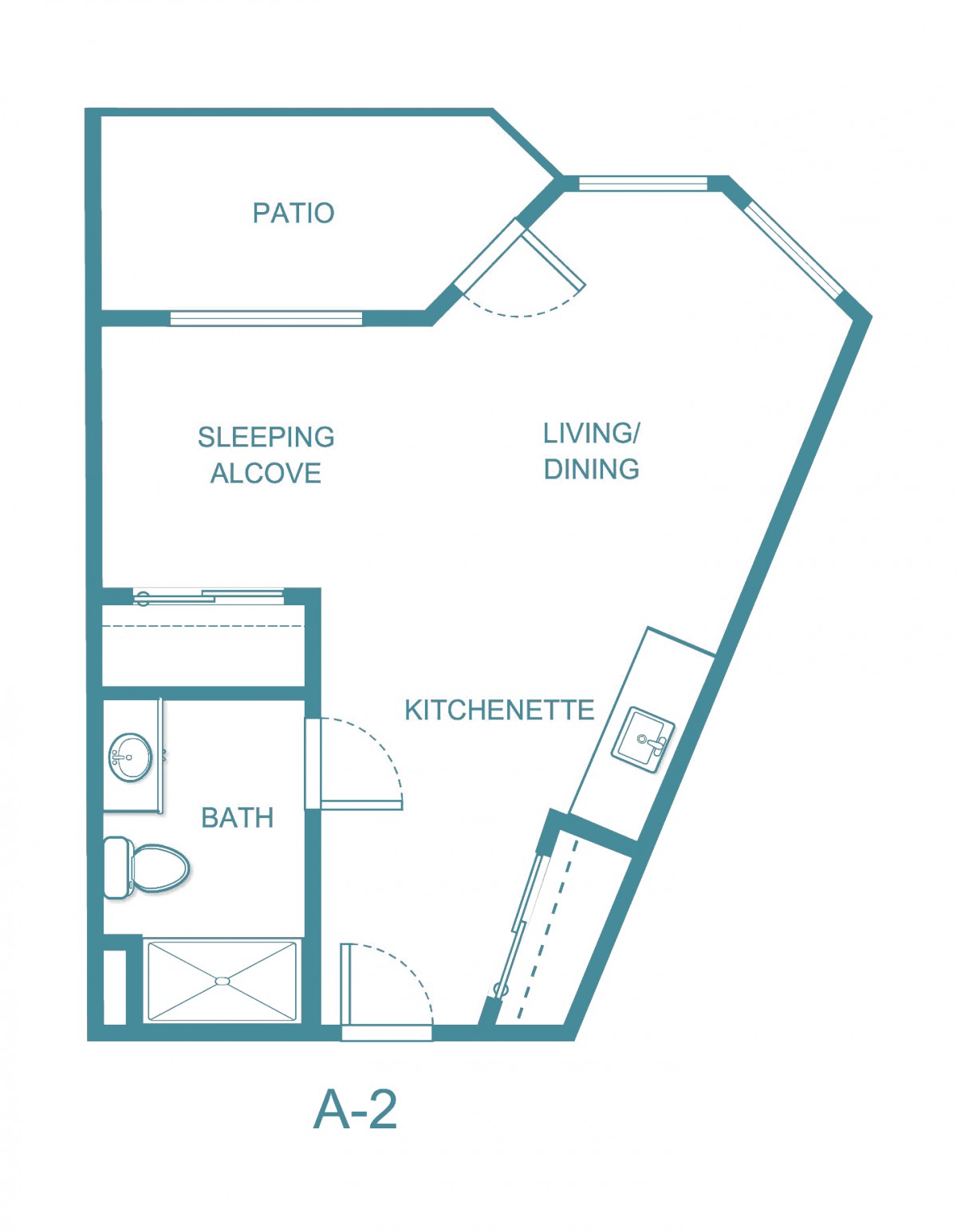 Studio apartment floor plan with a sleeping alcove, kitchenette, and patio.