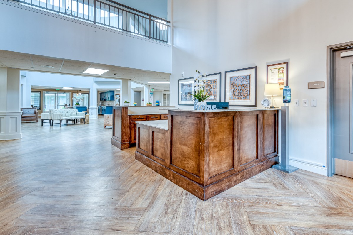 A modern reception area with wooden desk and decorative elements in a bright, open space.