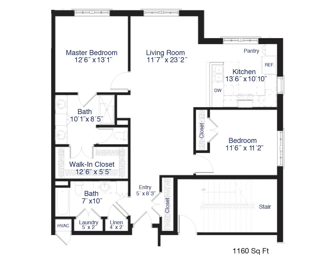 Floor plan of a two-bedroom apartment with a living room, kitchen, and bathroom.