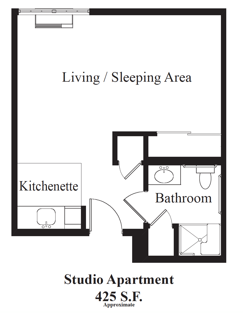 Studio apartment floor plan with a living/sleeping area, kitchenette, and bathroom.