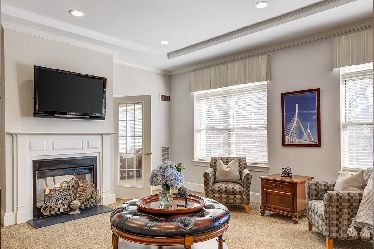 A stylish living room featuring a fireplace, wall-mounted TV, and elegant decor.