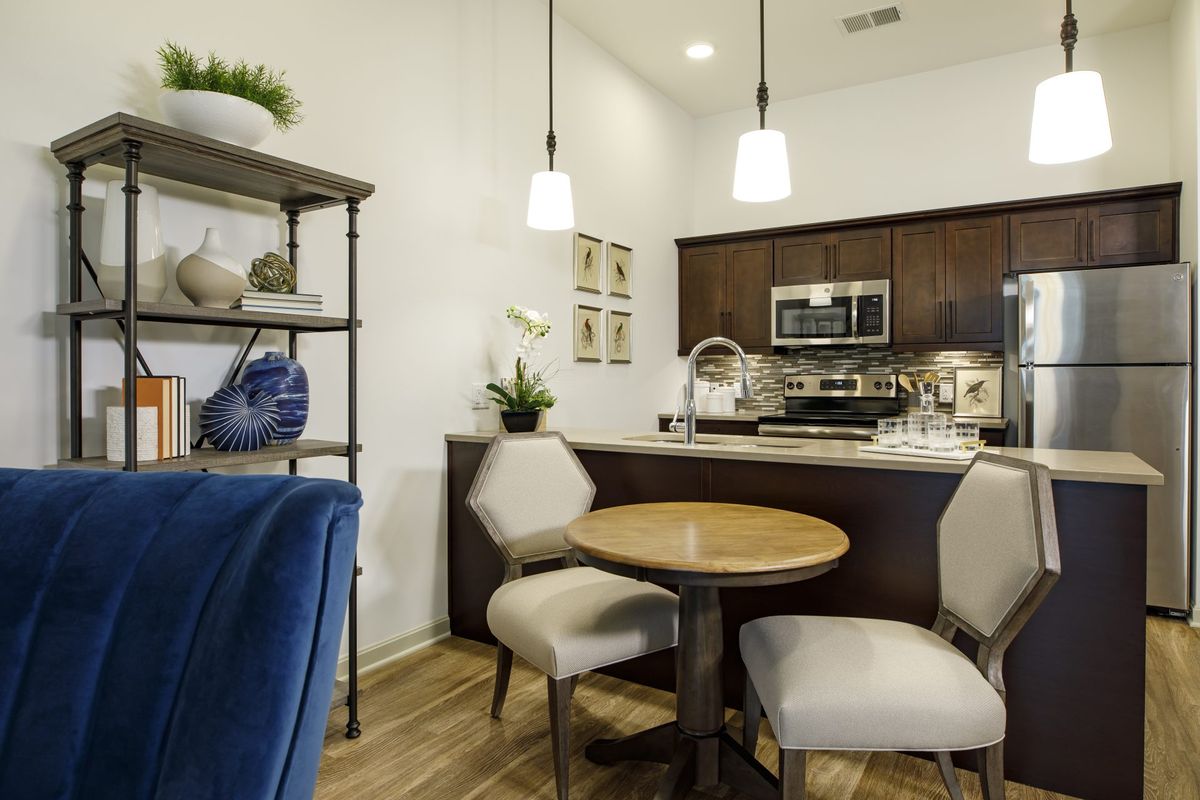 Modern apartment kitchen and dining area with a cozy setup.