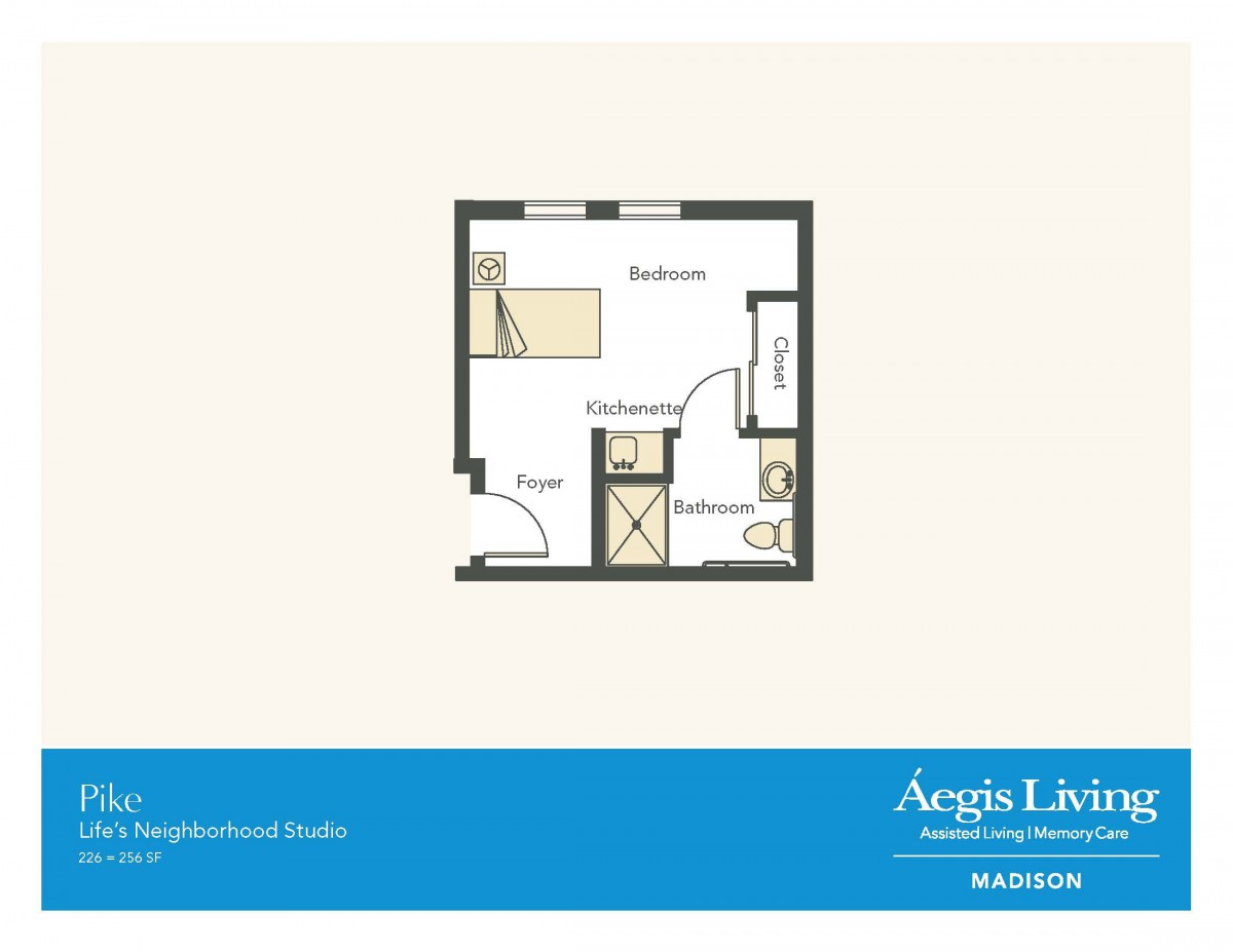 Studio apartment floor plan with designated bedroom, bathroom, and kitchenette areas.