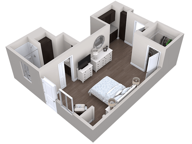 A 3D floor plan of a bedroom showing furniture arrangement and interior design.