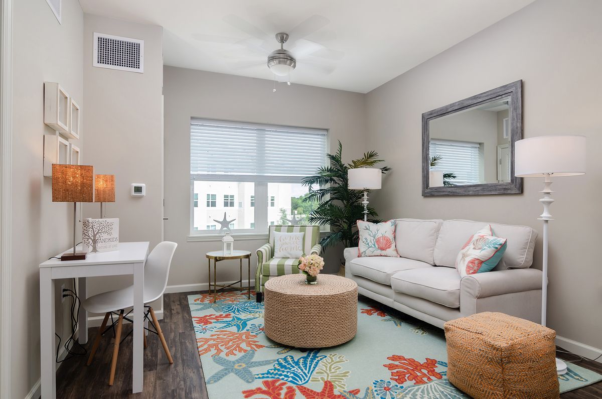 A bright and cozy living room with a colorful rug, comfortable sofa, and stylish decor.