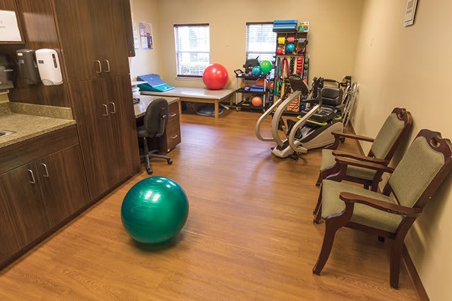 A physical therapy room equipped with exercise balls, therapy beds, and fitness machines.