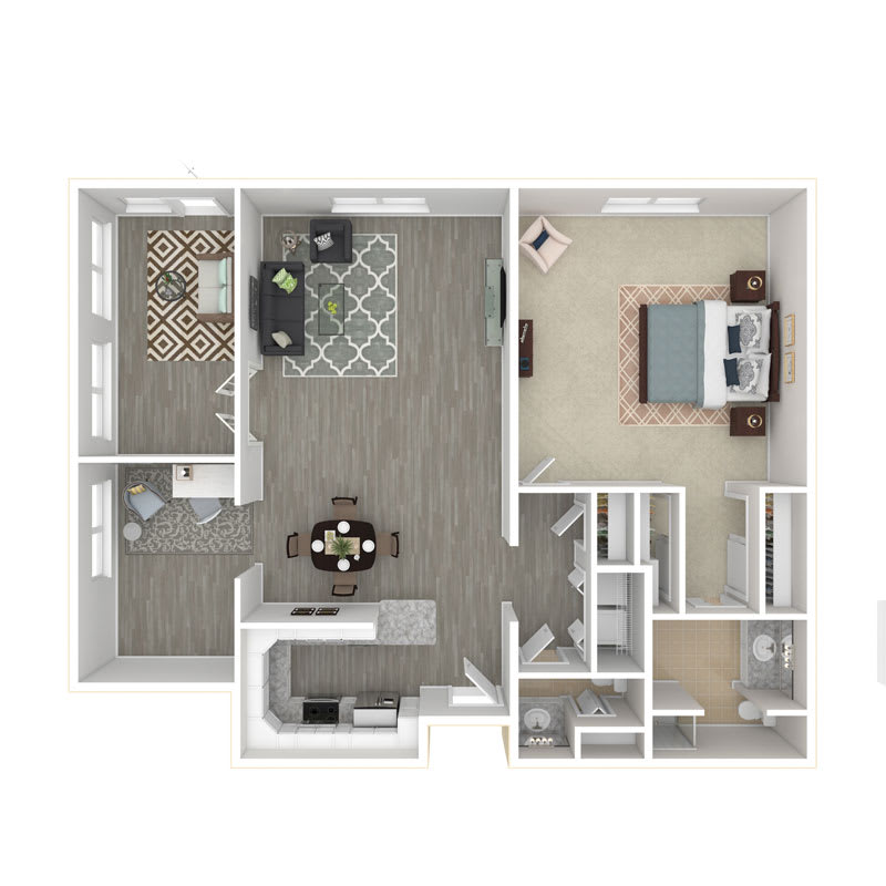 A floor plan of a one-bedroom apartment featuring an open living area, kitchen, and bathroom.