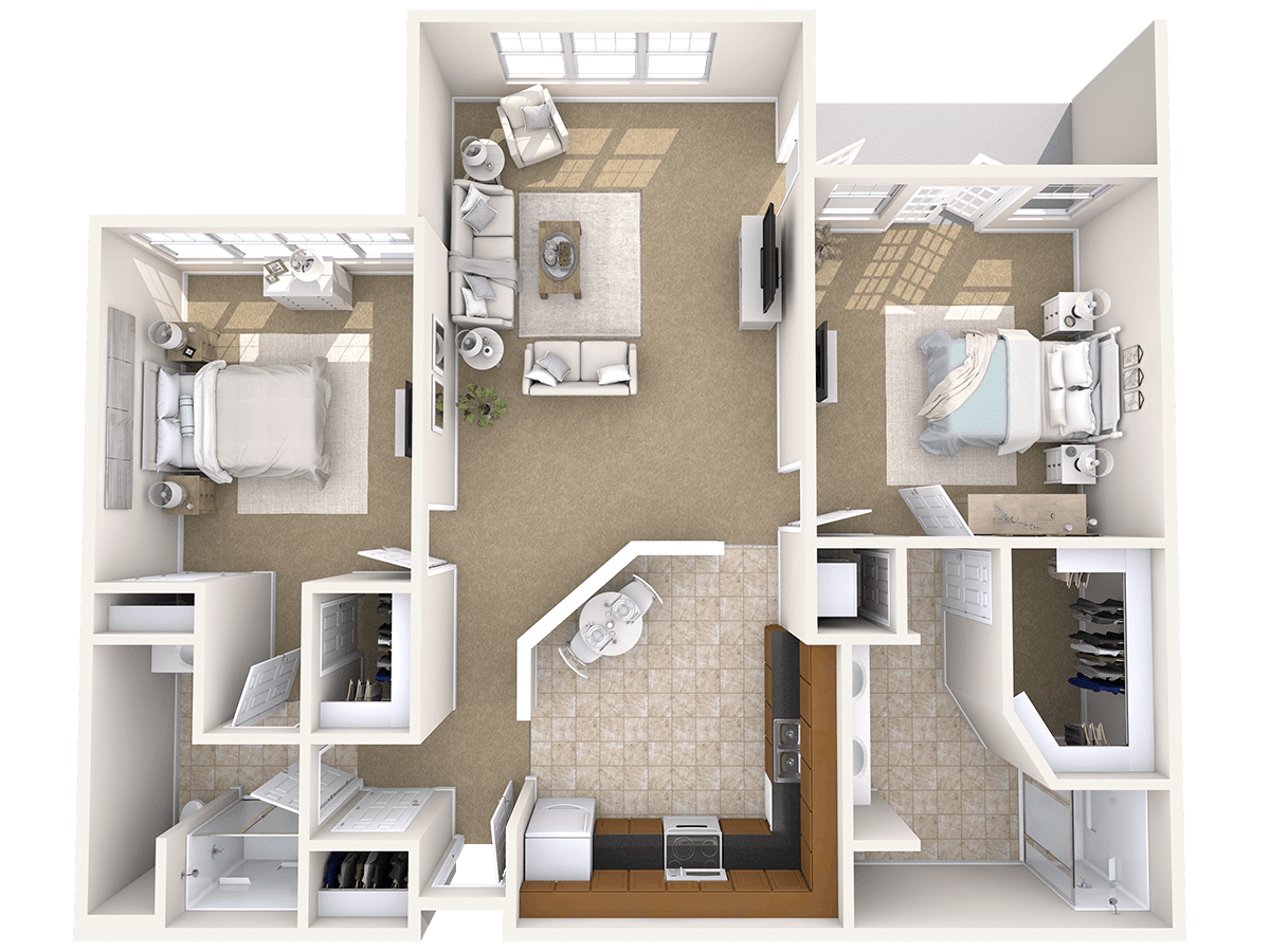 A detailed floor plan of a two-bedroom apartment featuring a living room, kitchen, and bathrooms.