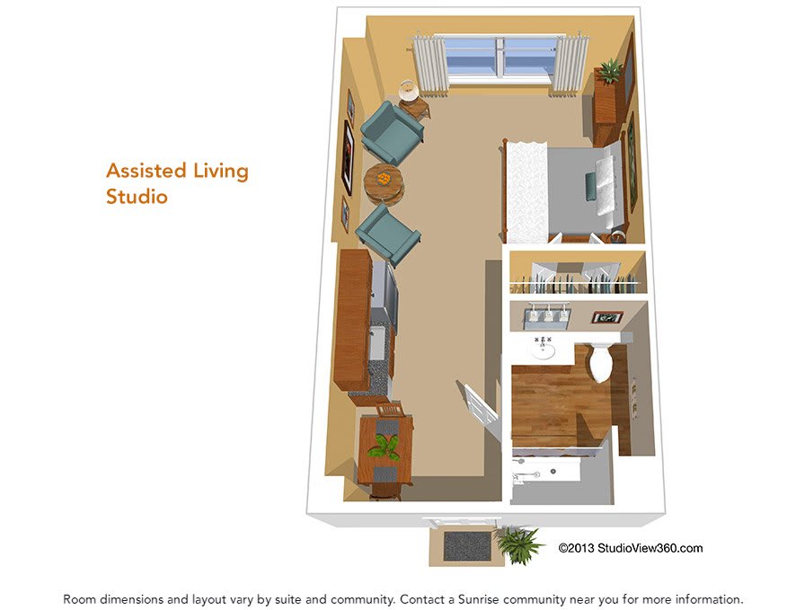 3D floor plan of an assisted living studio apartment featuring a cozy layout with designated areas for the kitchen, living space, and bathroom.