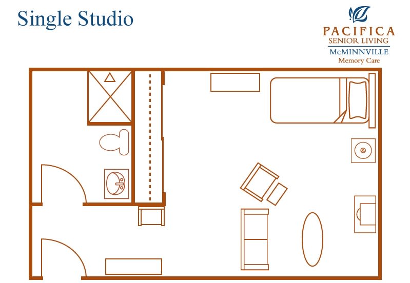 Floor plan of a studio apartment with designated areas for living and bathroom.