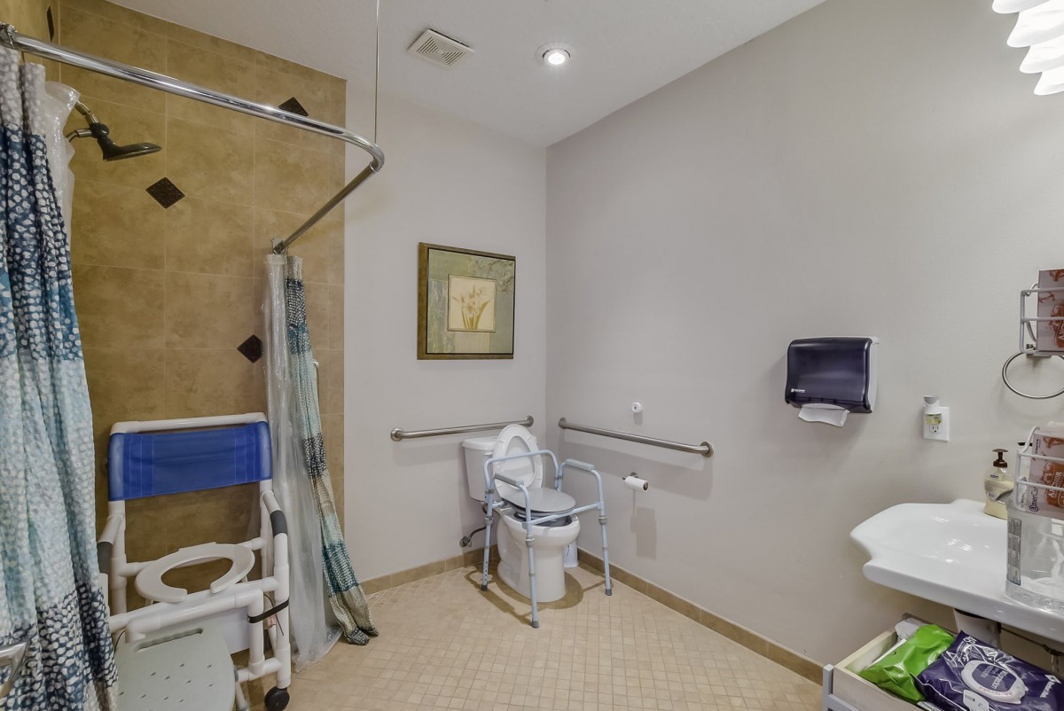 An accessible bathroom equipped with grab bars and disability aids.