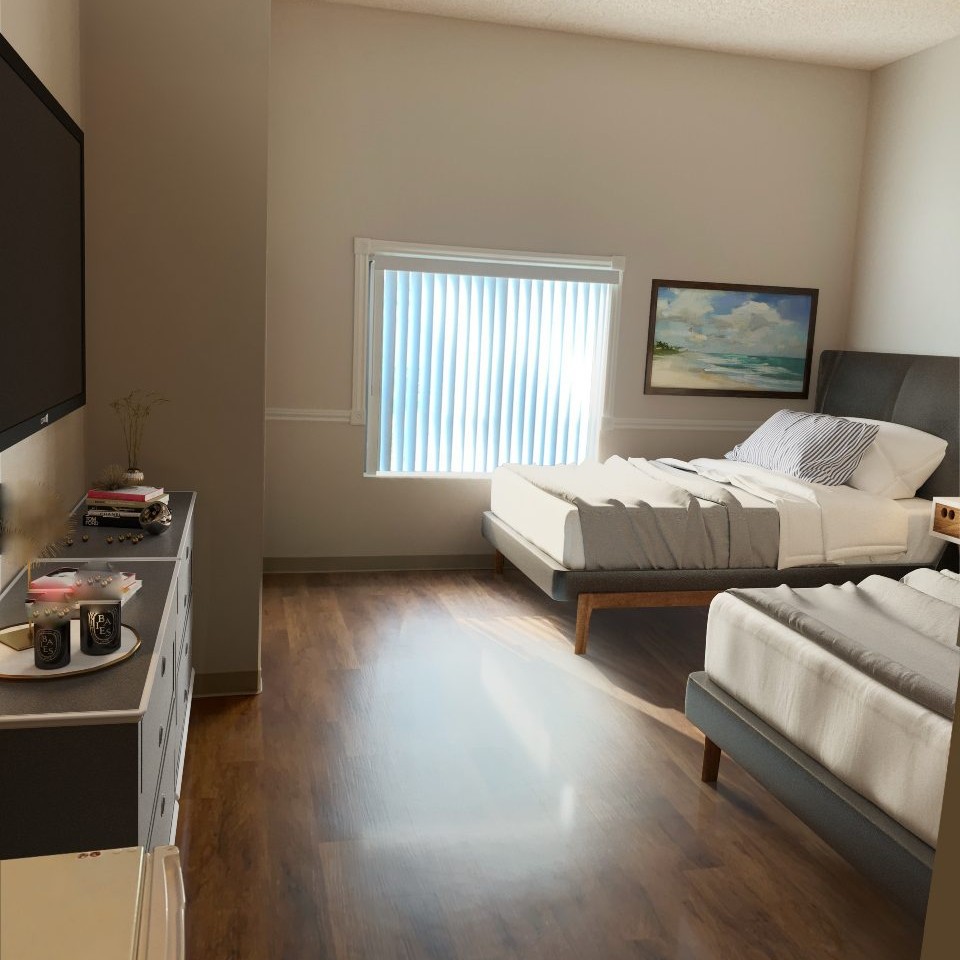 A modern hotel room with two neatly made beds, a large TV, and a window showcasing natural light.
