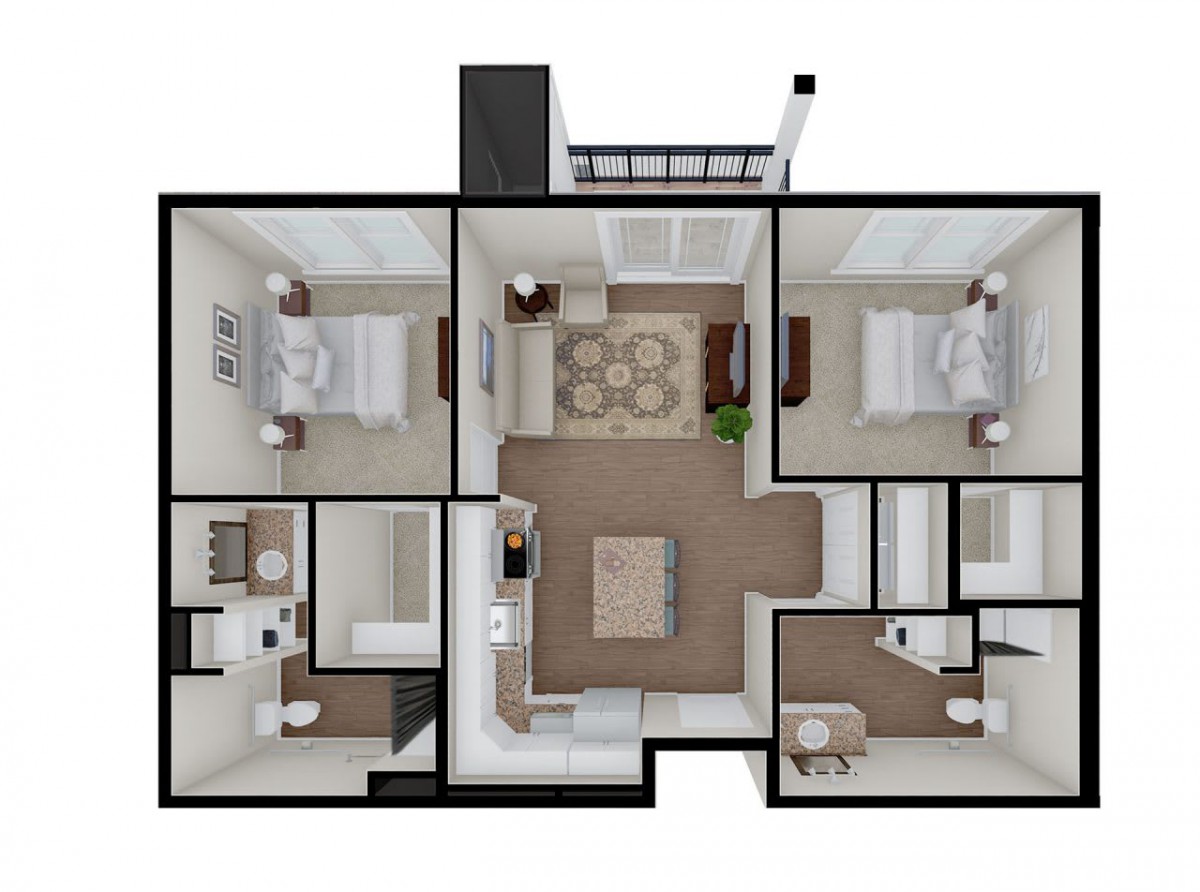 A 3D floor plan of a two-bedroom apartment with a living room, kitchen, and bathrooms.