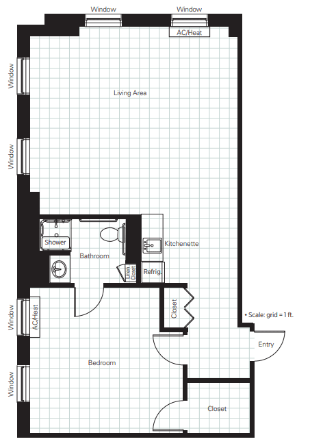 A floor plan of a one-bedroom apartment featuring a living room, kitchen, and bathroom.