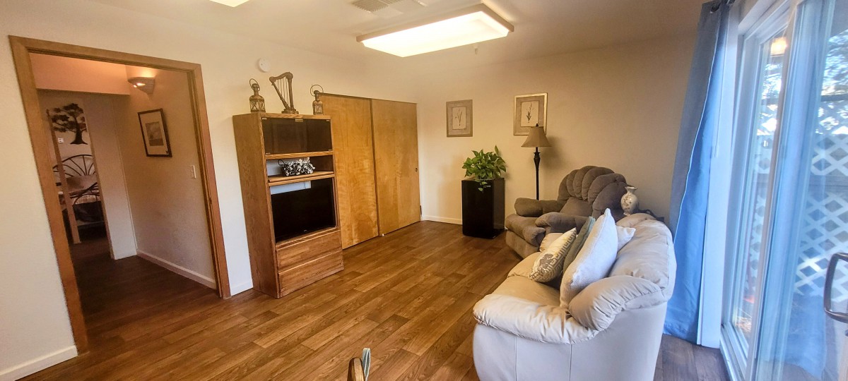 Cozy living room with a sofa, television, and wooden flooring.