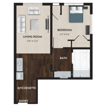 A 1-bedroom apartment floor plan featuring a living room, kitchenette, and bathroom.