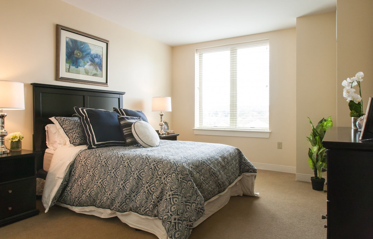 Cozy bedroom with stylish bedding and natural light.
