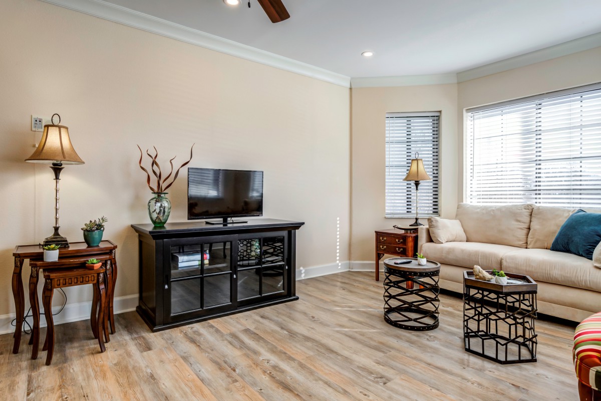 A cozy living room with a minimalist setup, featuring a TV on a black stand, a comfortable sofa, and wooden floors.