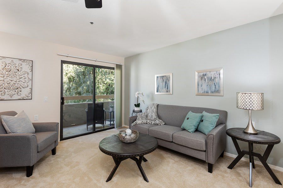A modern living room with a comfortable sofa and coffee table, featuring minimalist decor and abundant natural light through a sliding glass door.