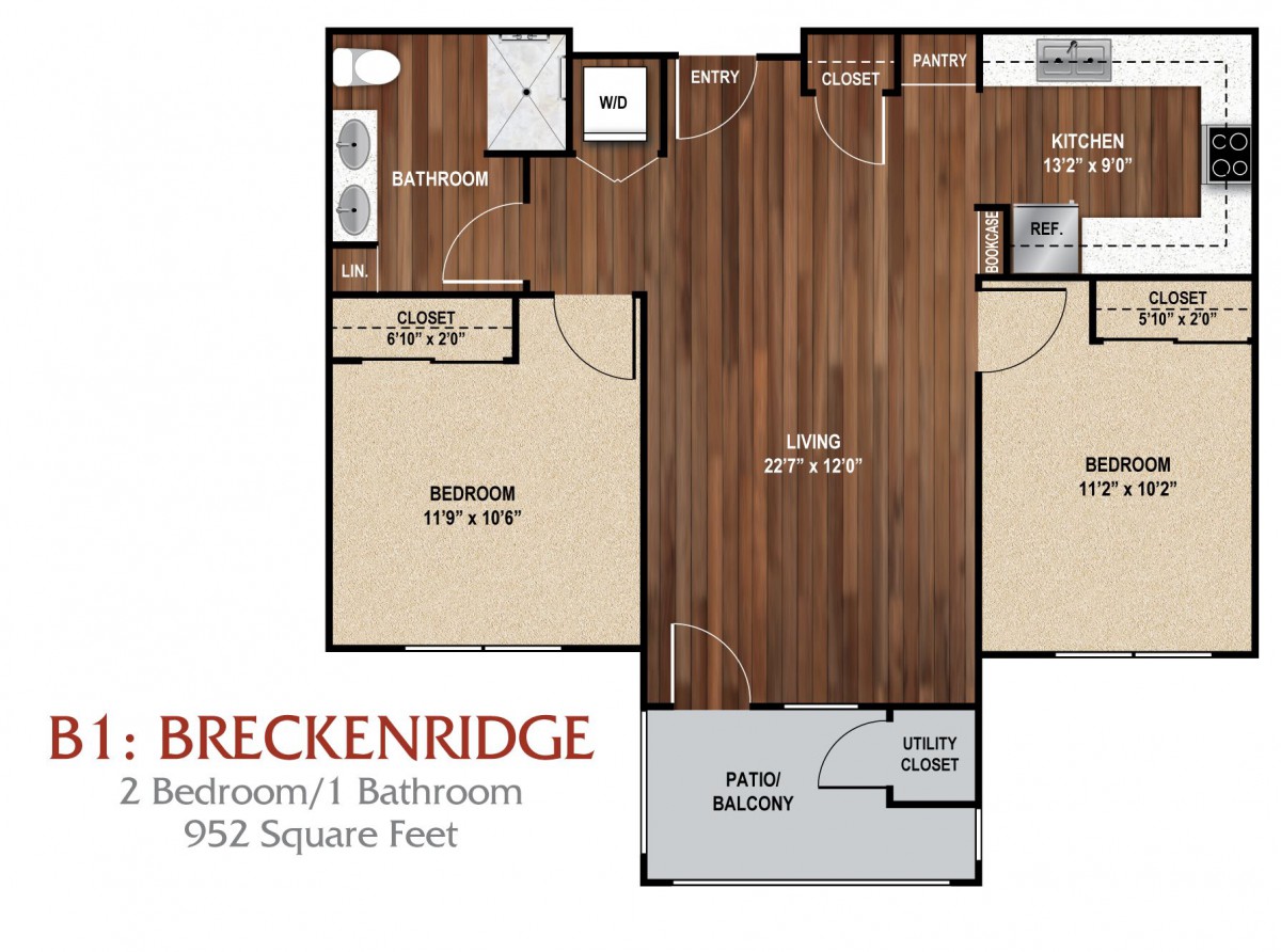 Floor plan of the Breckenridge apartment featuring one bedroom, one bathroom, and a balcony.