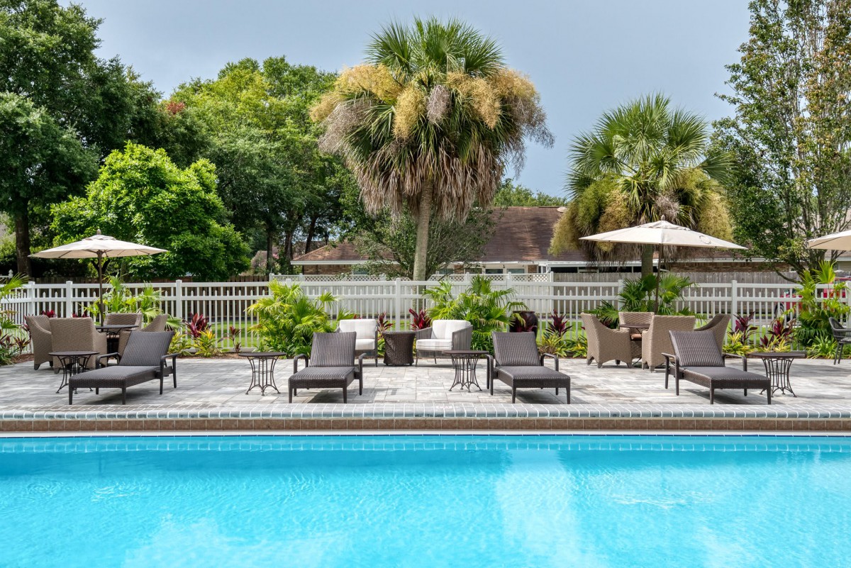 An inviting outdoor swimming pool area with lounge chairs and tropical palm trees.