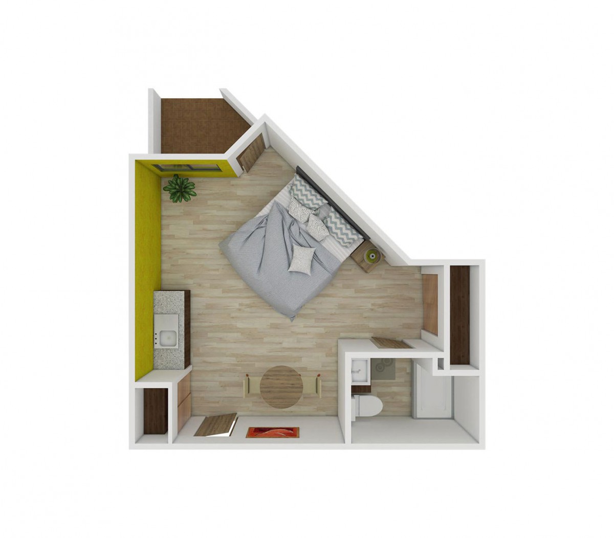 3D floor plan of a compact bedroom with furniture and bathroom.