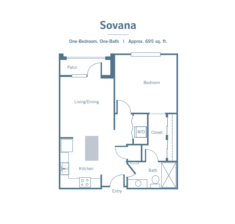 Floor plan of the Sovana apartment featuring one bedroom and one bathroom.