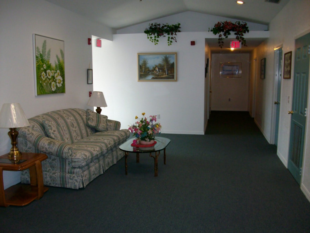 A cozy lobby area with a sofa, artwork, and decorative plants.