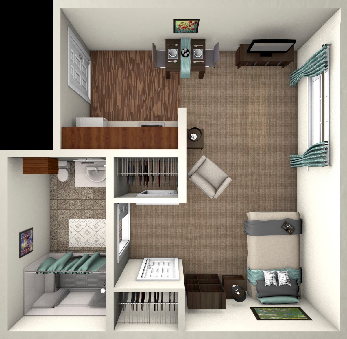A 3D floor plan of a one-bedroom apartment showcasing the furniture layout and room organization.