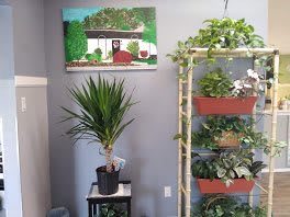 A cozy corner adorned with a variety of indoor plants and vibrant wall art.