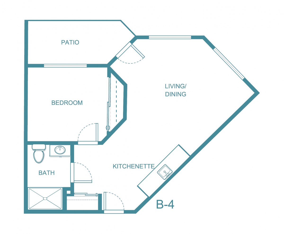 A floor plan featuring a one-bedroom apartment with a living/dining area, kitchenette, patio, and bathroom.