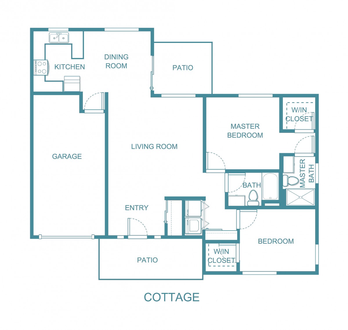 Floor plan of a cottage with labeled rooms and spaces.