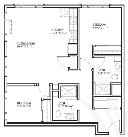 A detailed floor plan of an apartment, illustrating the layout of rooms and spaces.